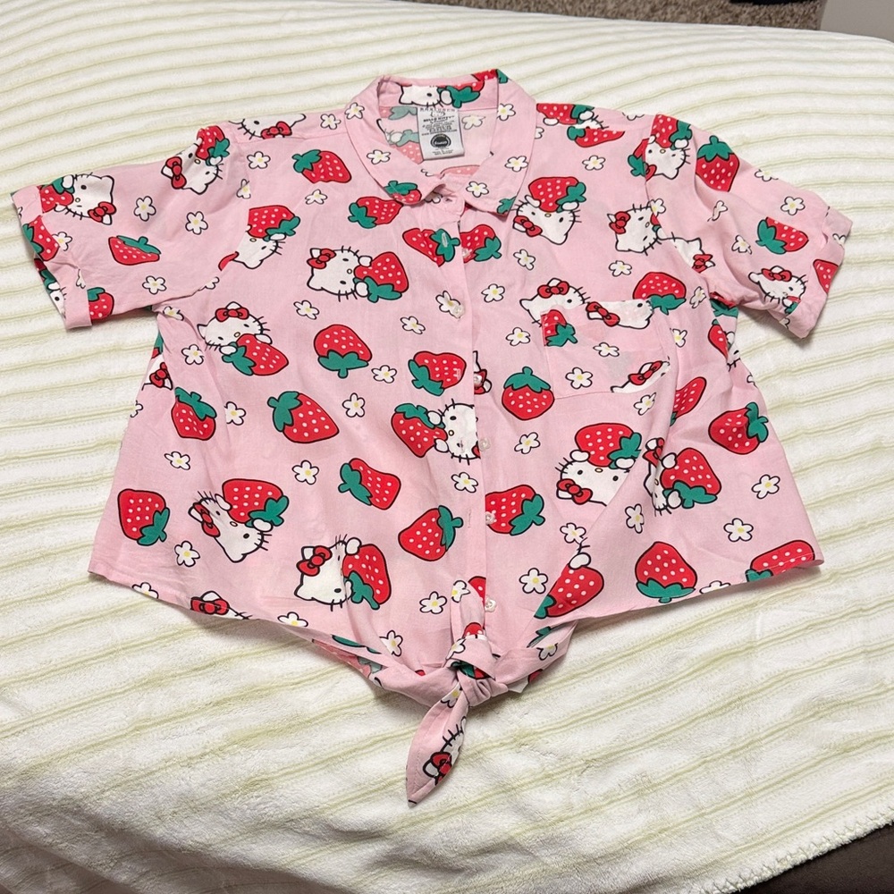 Hello Kitty Pink Button Down Shirt with Strawberry Print
